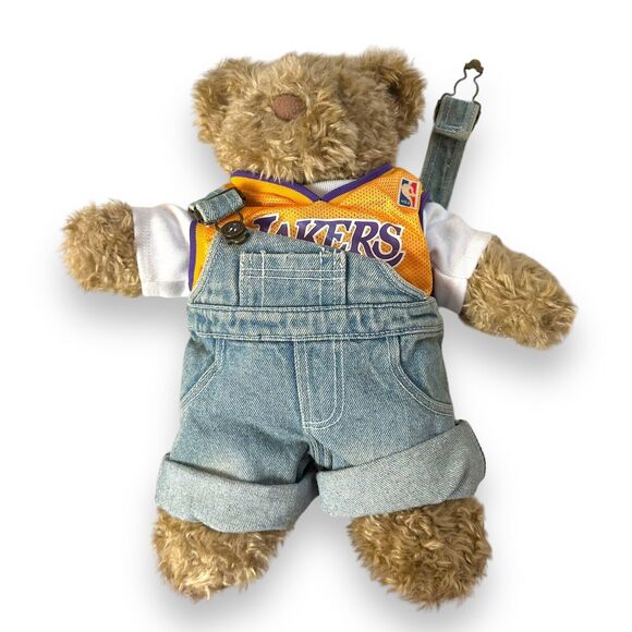 Build A Bear Curly Teddy Bear Brown Paws Vintage Retired Lakers Tank Overall 14" - Picture 14 of 15